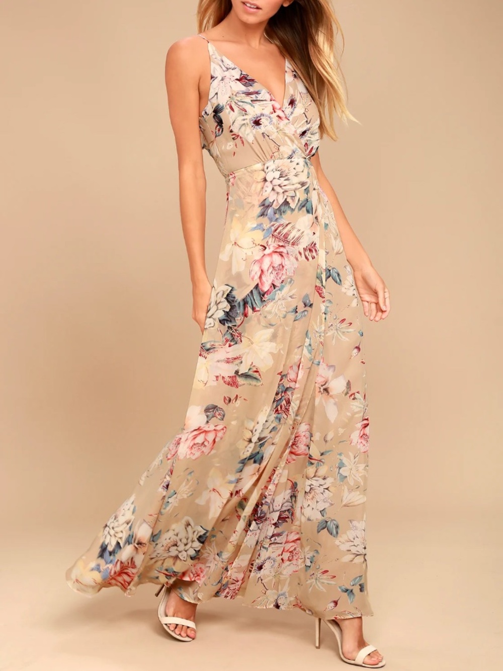 Lulus Beige Floral Print Maxi Dress Open Back Small Spring Wedding Guest Dress
